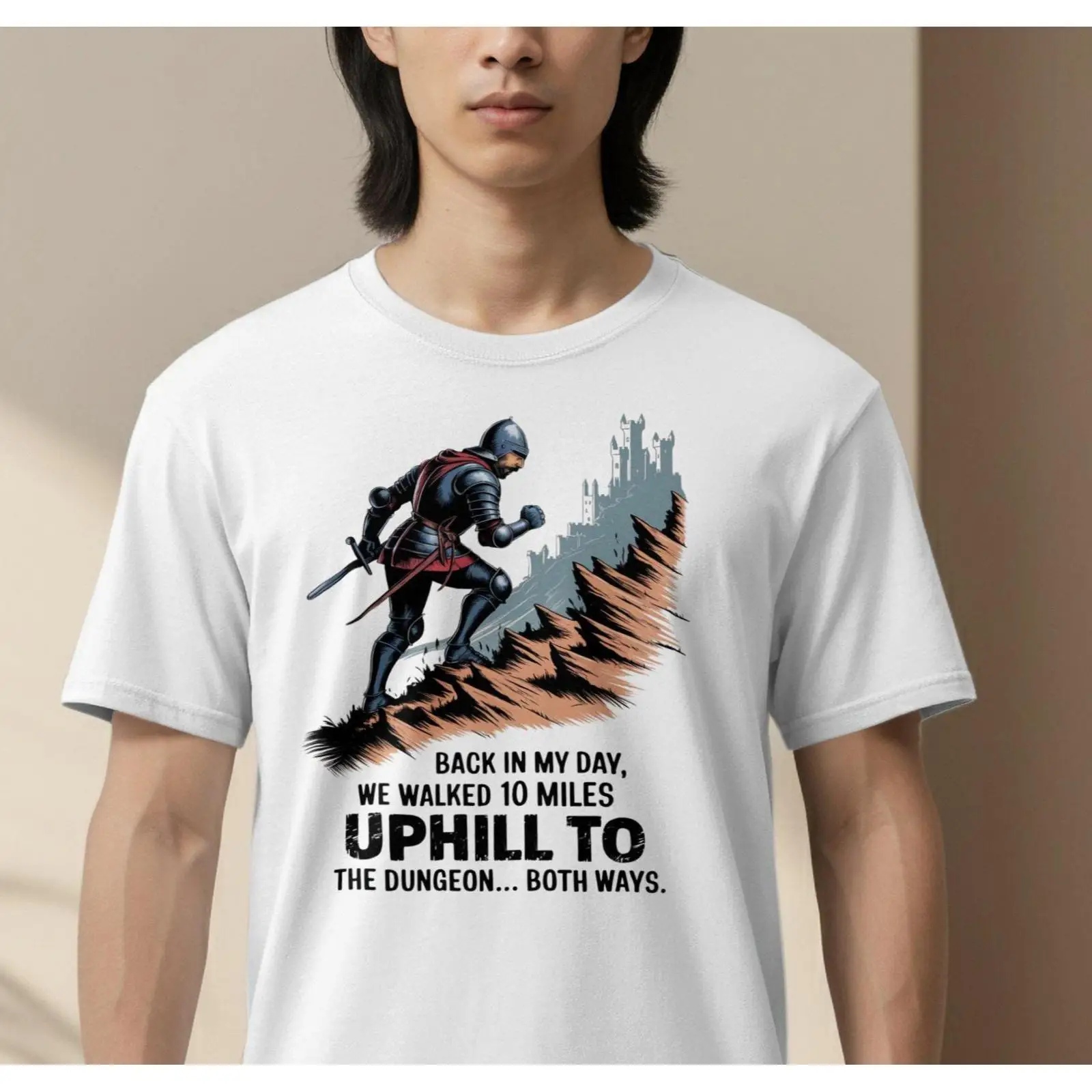 Retro Gaming Ideas - 面白い騎士 Tシャツ アップヒルダンジョンウォーク ユーモア レトロゲーミング オタクアイデア