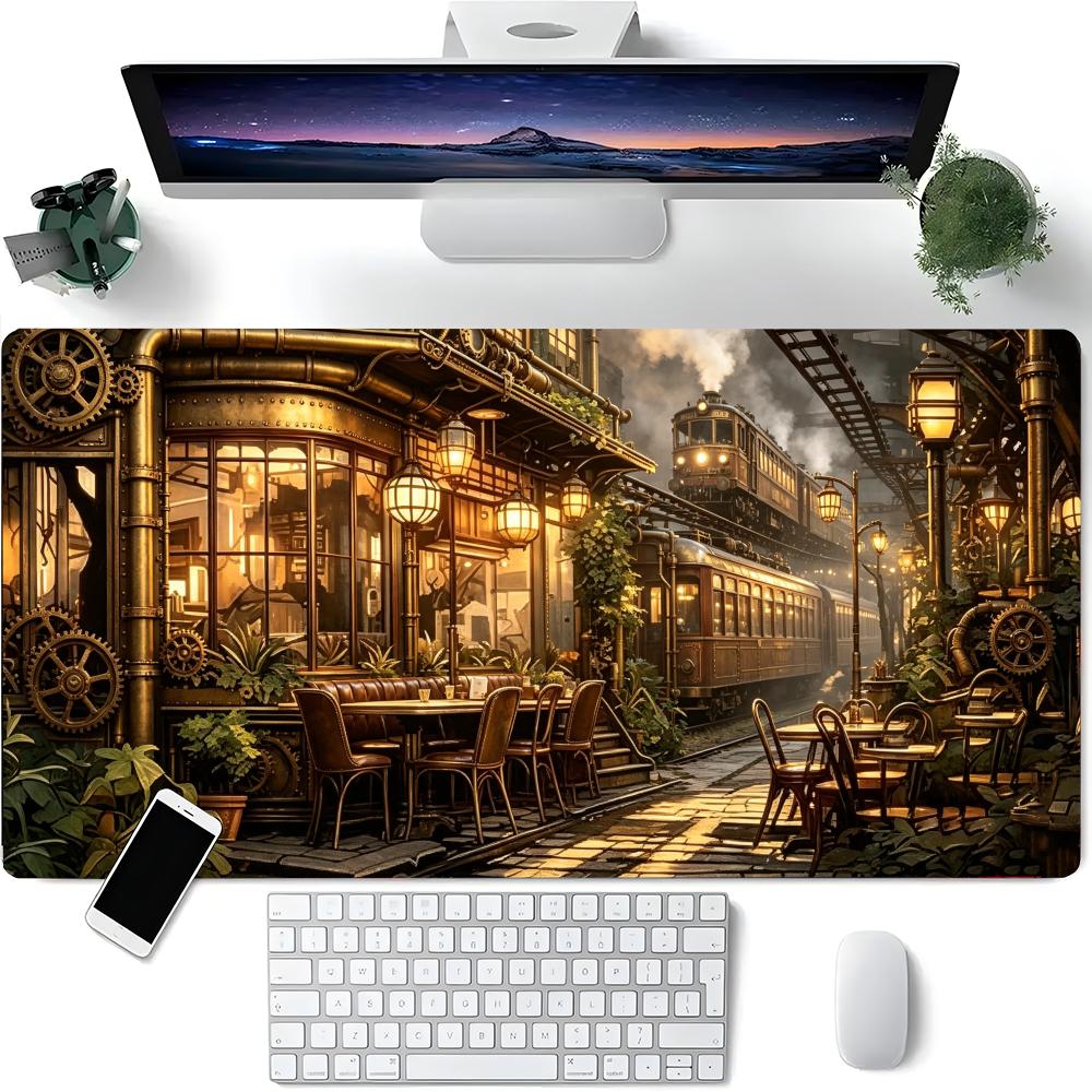 Retro Gaming Laptop - レトロインダストリアル風駅舎デスクパッド、真鍮ギアウォームランプ、アウトドアダイニングマウスパッド、ノートパソコン作業学習用アクセサリー