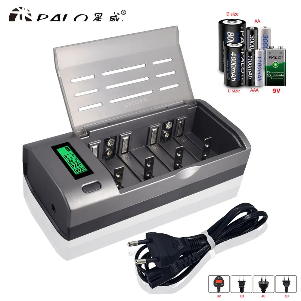 Rechargeable Battery Aa - PALO 4スロットLCDディスプレイスマート充電器、1.2V AA/AAA Ni-MH/Ni-CdまたはC/DサイズLR20 NiMH/Ni-Cd 9V充電式電池用